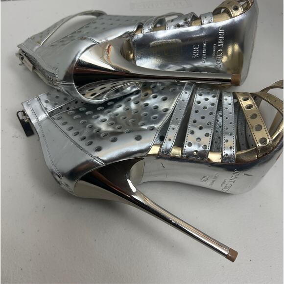 Jimmy Choo Silver Foil Leather Malika Perforated Sandals Size 36.5 - Picture 10 of 17